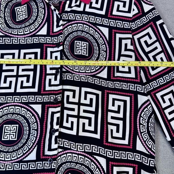 Fashion Nova Woman’s Black, White, Red Geometric Button Up Dress Shirt - Picture 7 of 11